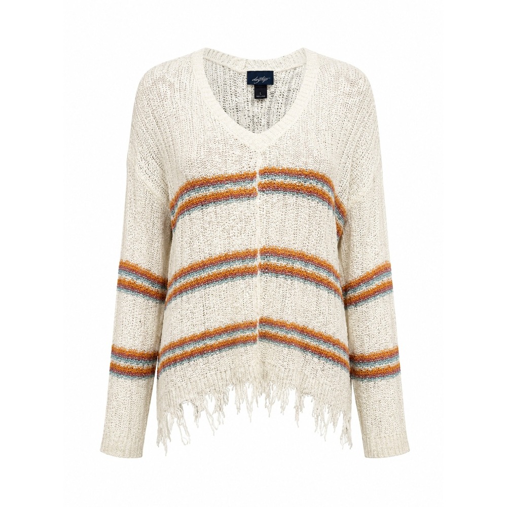 Daytrip Womens Striped V-Neck Open Knit‎ Distressed Frayed Hem Sweater Cream L